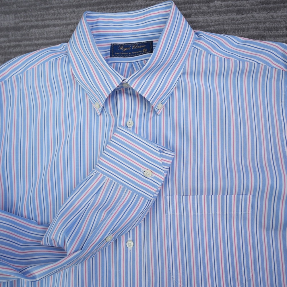 Tom James Shirt Men Button Down Striped Blue Executive USA Made Long Sleeve 3XL